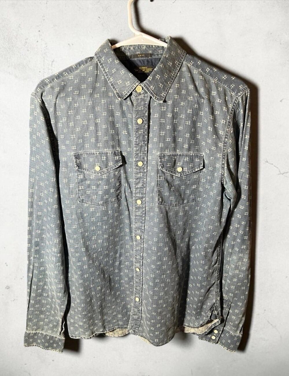 AllSaints Men's Slim Fit Linen Blend Patterned Shirt Denim Look Size M